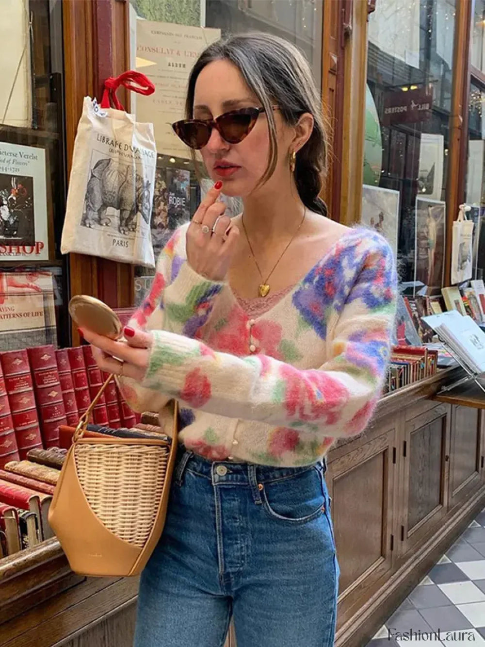 Elegant Flower Print Backless Knitted Women Fashion V Neck Long Sleeve Sweater Sweaters L