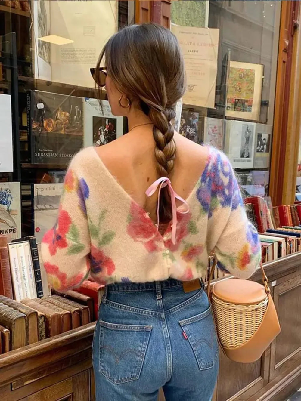 Elegant Flower Print Backless Knitted Women Fashion V Neck Long Sleeve Sweater Sweaters L