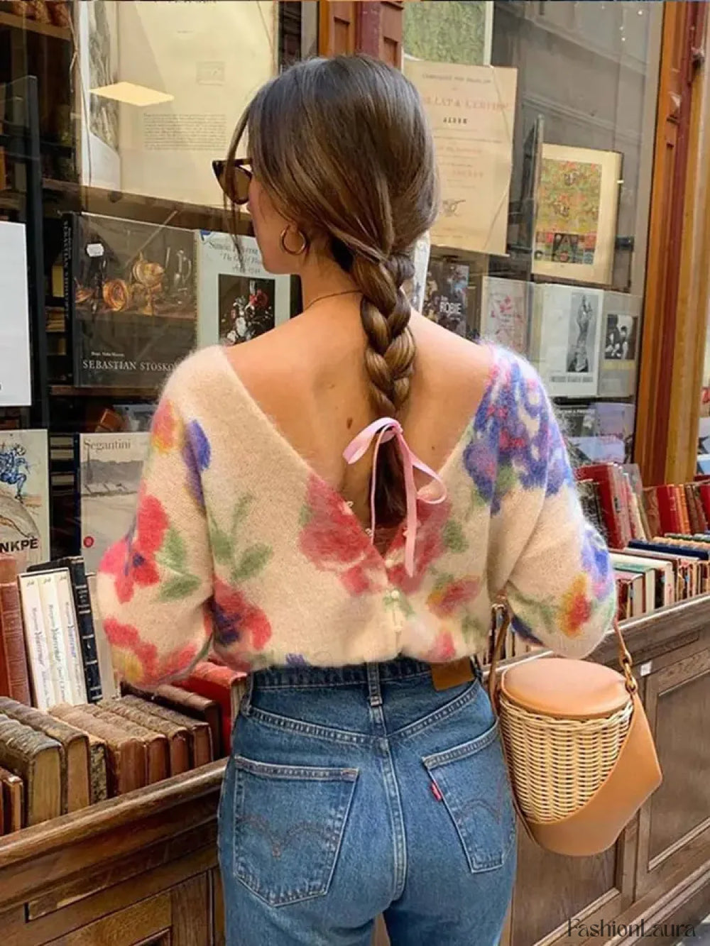 Elegant Flower Print Backless Knitted Women Fashion V Neck Long Sleeve Sweater Sweaters L