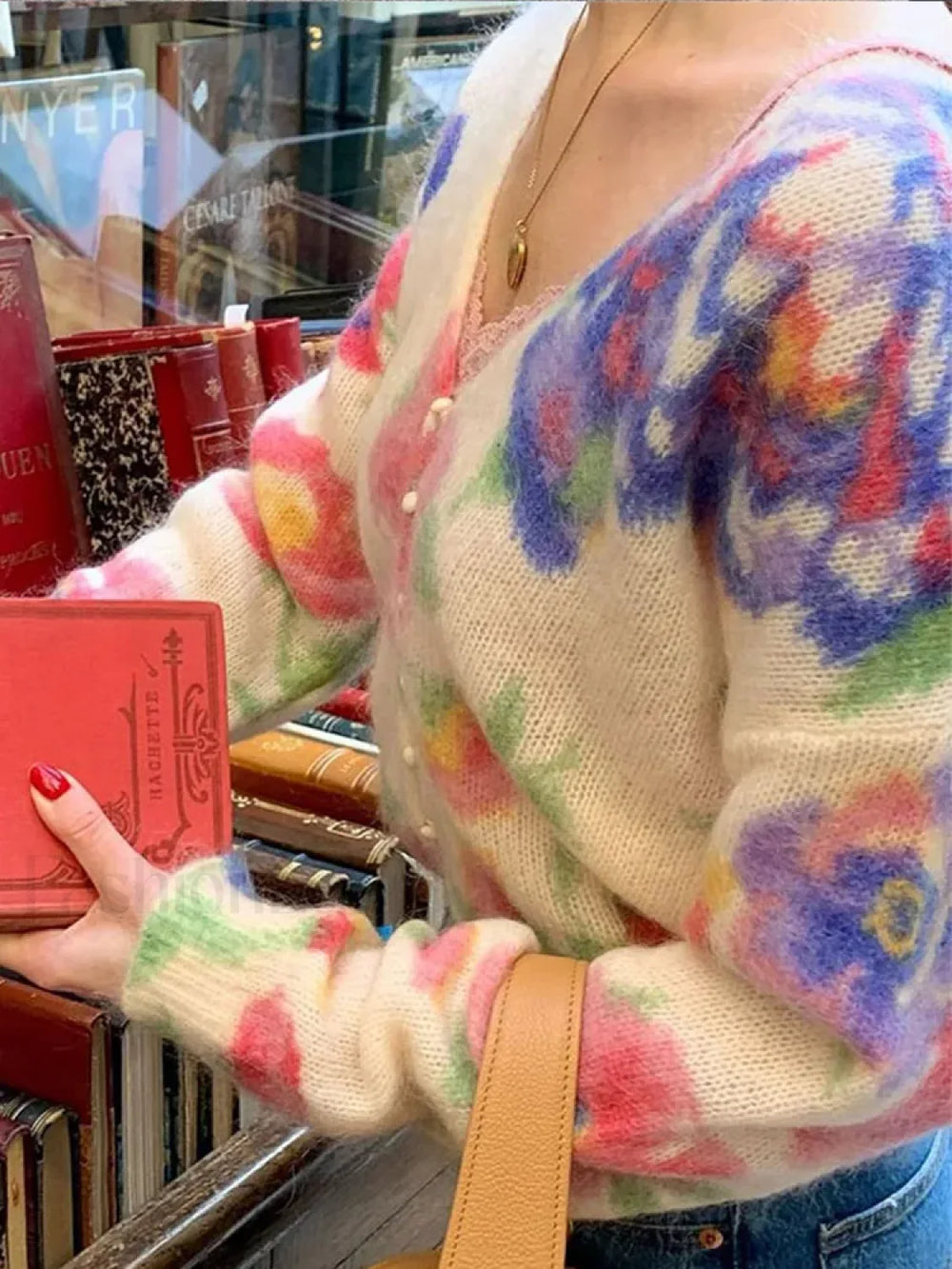 Elegant Flower Print Backless Knitted Women Fashion V Neck Long Sleeve Sweater Sweaters L