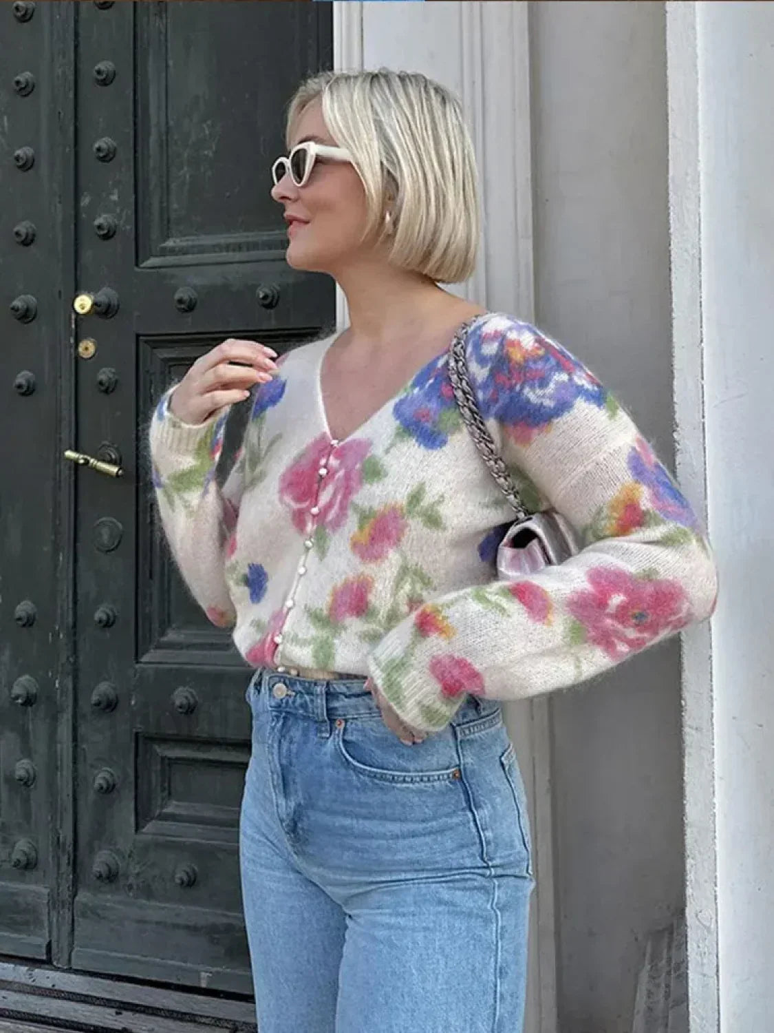 Elegant Flower Print Backless Knitted Women Fashion V Neck Long Sleeve Sweater Secondary image