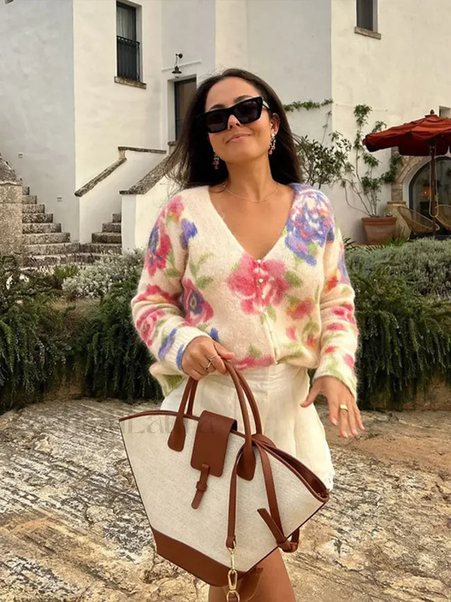Elegant Flower Print Backless Knitted Women Fashion V Neck Long Sleeve Sweater WHITE / S Sweaters L Main image