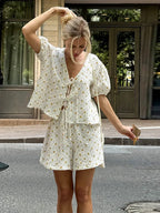 Elegant Flower V Neck Shorts Two Piece Set