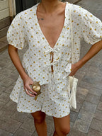 Elegant Flower V Neck Shorts Two Piece Set