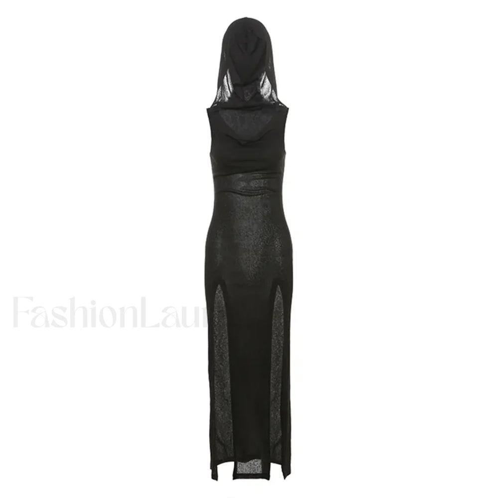 Elegant Gothic Sexy Slash Neck Long Sleeve Shoulder Summer French Chic Split Slim Stretch Ruffles Dress Black / S