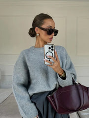 Elegant Grey Round Neck Long Sleeves Loose Casual Knitted Pullover 2024 New Fashion Sweater Grey / S Sweaters L