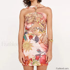 Elegant Hollow Halter Mini Dress BROWN / S