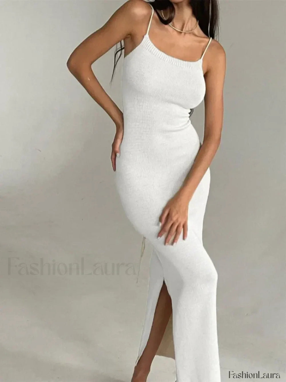 Elegant Knitted Long White Backless Bodycon Lace Up Slit Maxi Dress