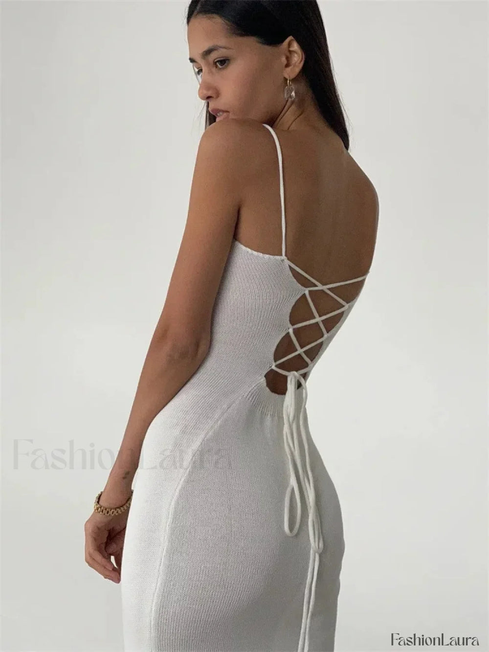 Elegant Knitted Long White Backless Bodycon Lace Up Slit Maxi Dress