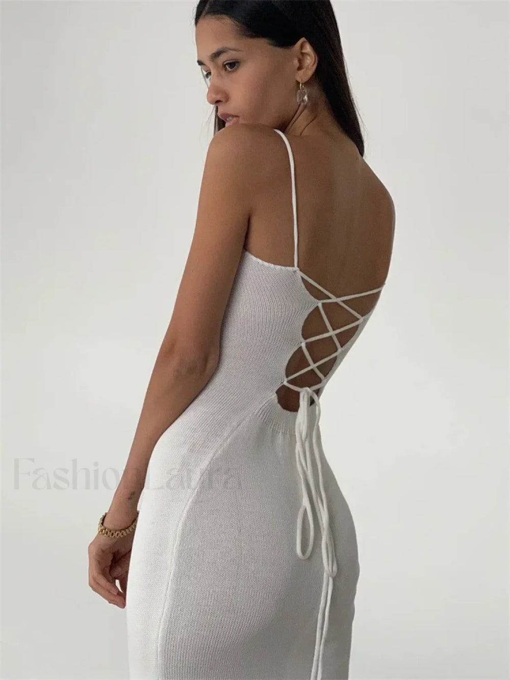 Elegant Knitted Long White Backless Bodycon Lace Up Slit Maxi Dress