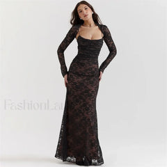 Elegant Lace 2 Pieces Set Sexy Evening 2024 New Full Sleeves Outfit Formal Tie Back Long Robe Vestido Prom Dress Black