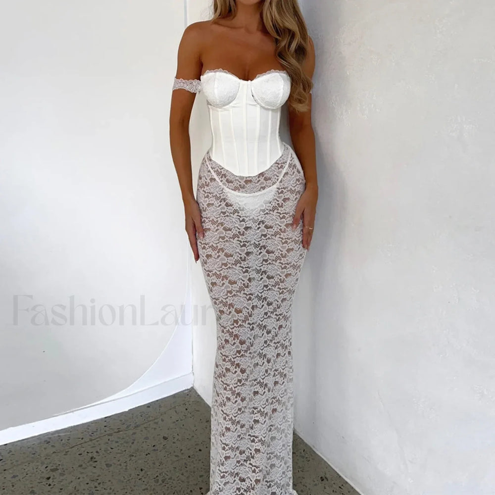 Elegant Lace Maxi For Women Fashion Off shoulder Sleeveless Backless Bodycon Long Lace Dress WHITE / S