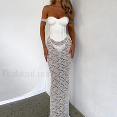 Elegant Lace Maxi For Women Fashion Off shoulder Sleeveless Backless Bodycon Long Lace Dress WHITE / S