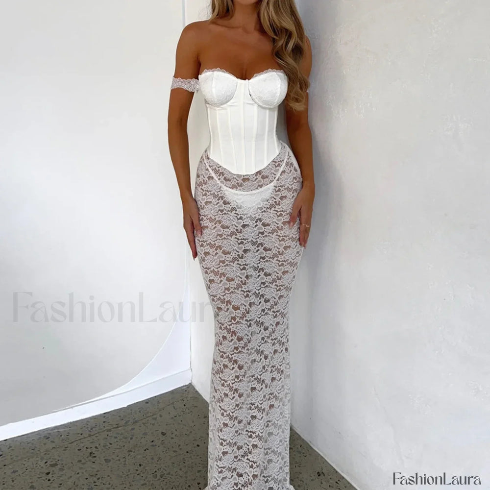 Elegant Lace Maxi For Women Fashion Off shoulder Sleeveless Backless Bodycon Long Lace Dress WHITE / S