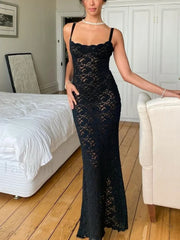 Elegant Lace See Through Maxi Summer Sexy Spaghetti Straps Bodycon Wedding Party 2024 Black Split Long Dress