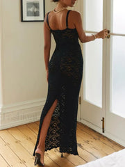 Elegant Lace See Through Maxi Summer Sexy Spaghetti Straps Bodycon Wedding Party 2024 Black Split Long Dress