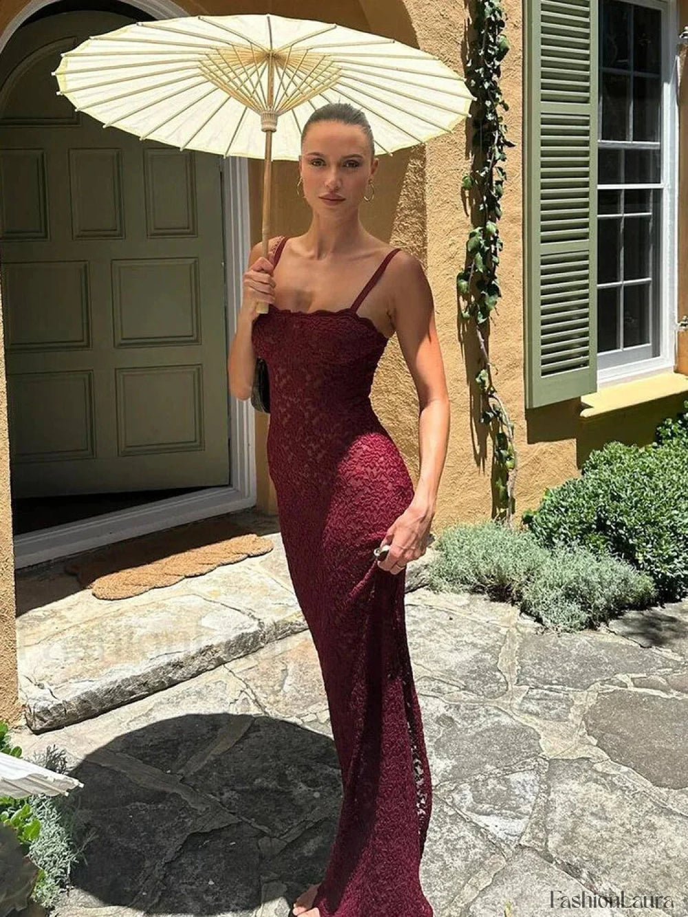 Elegant Lace Summer Maxi for Women 2024 Sexy Spaghetti Straps Sleeveless See Through Party Evening Outfits Dress Claret