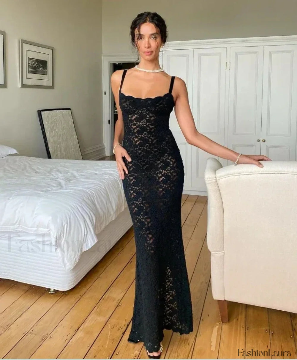 Elegant Lace Summer Maxi Sexy Spaghetti Straps Sleeveless See Through Party Evening Outfits Dress Black / S