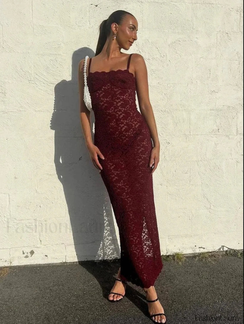 Elegant Lace Summer Maxi Sexy Spaghetti Straps Sleeveless See Through Party Evening Outfits Dress Claret / S