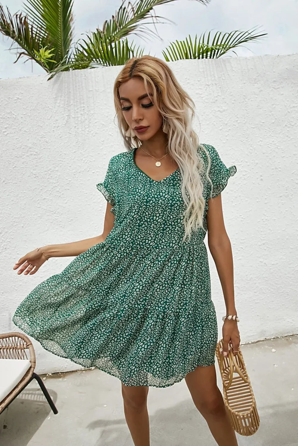Elegant Leopard Print Floral Prints Summer Women 2024 New Loose V Neck Ruffled Short Sleeved Mini Dress