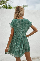 Elegant Leopard Print Floral Prints Summer Women 2024 New Loose V Neck Ruffled Short Sleeved Mini Dress