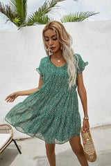 Elegant Leopard Print Floral Prints Summer Women 2024 New Loose V Neck Ruffled Short Sleeved Mini Dress