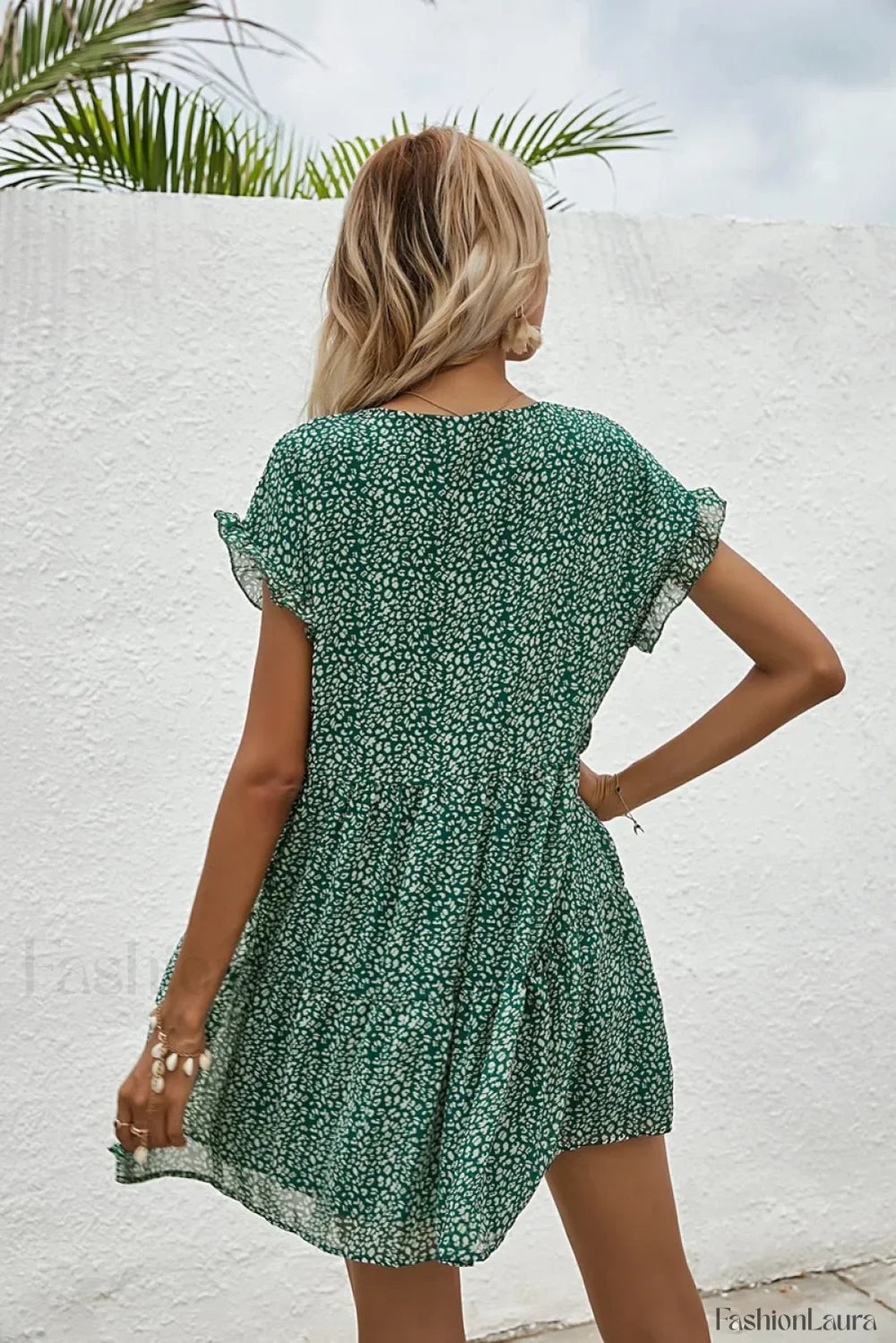 Elegant Leopard Print Floral Prints Summer Women 2024 New Loose V Neck Ruffled Short Sleeved Mini Dress