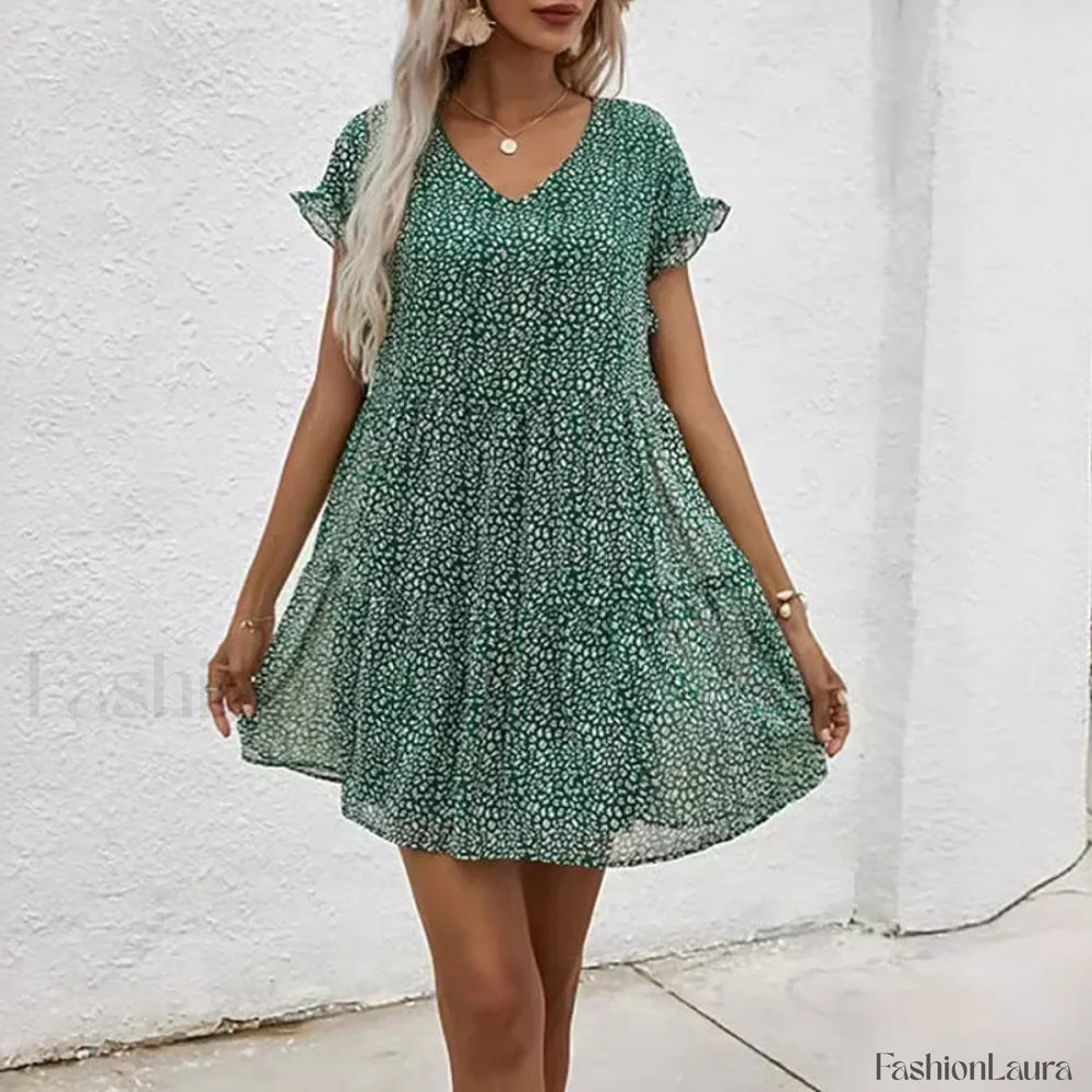 Elegant Leopard Print Floral Prints Summer Women 2024 New Loose V Neck Ruffled Short Sleeved Mini Dress