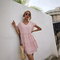 Elegant Leopard Print Floral Prints Summer Women 2024 New Loose V Neck Ruffled Short Sleeved Mini Dress