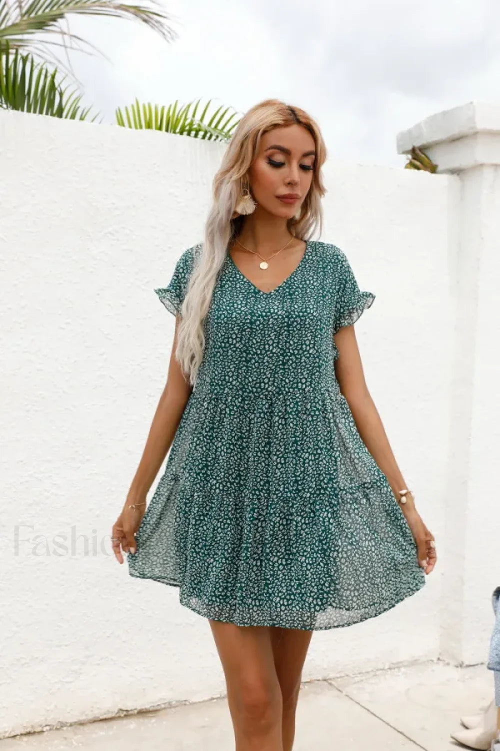 Elegant Leopard Print Floral Prints Summer Women 2024 New Loose V Neck Ruffled Short Sleeved Mini Dress Green / S