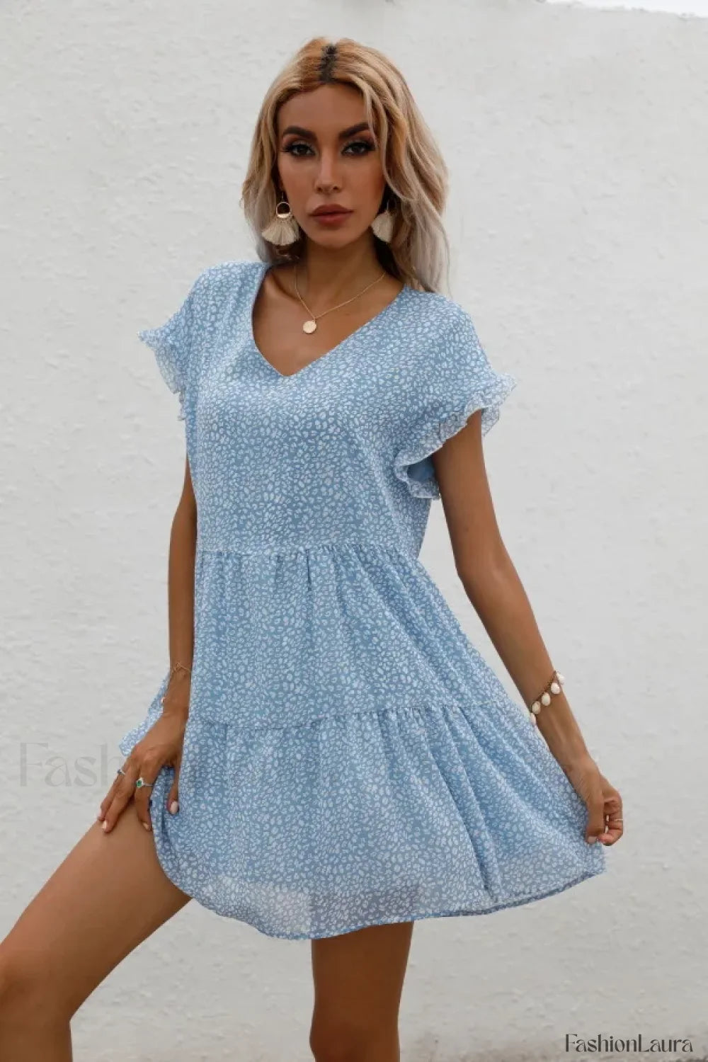 Elegant Leopard Print Floral Prints Summer Women 2024 New Loose V Neck Ruffled Short Sleeved Mini Dress Light Blue / S