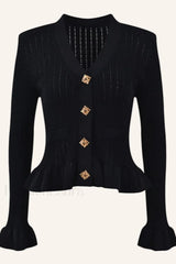 Elegant Lotus Leaf Hem Knit Cardigan Black / S