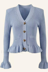 Elegant Lotus Leaf Hem Knit Cardigan Blue / S