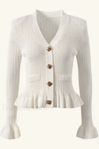 Elegant Lotus Leaf Hem Knit Cardigan White / S
