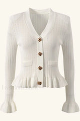 Elegant Lotus Leaf Hem Knit Cardigan White / S