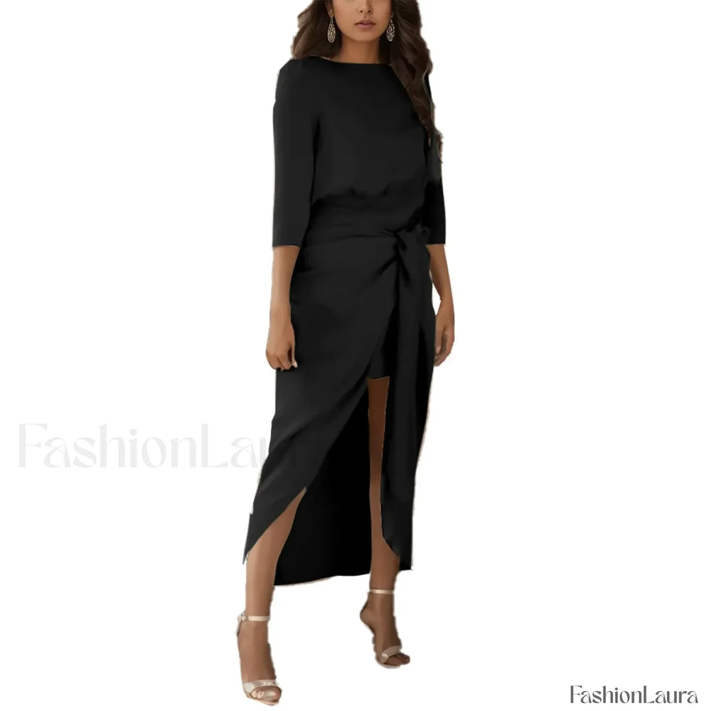 Elegant Party For Women Satin Long Sleeve Tie Waist Side Slit Midi Wedding Guest For Women Vestidos Prom Dress