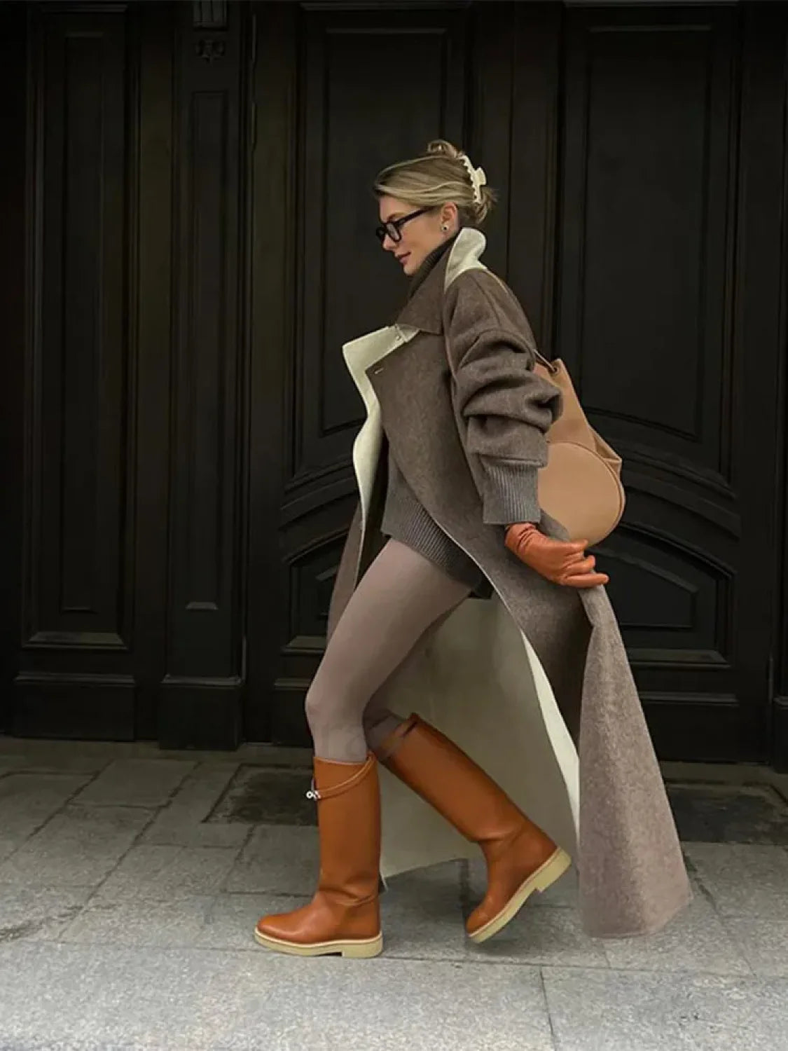 Elegant Patchwork Lapel Long Sleeve Woolen Overcoats Secondary image