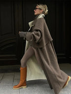 Elegant Patchwork Lapel Long Sleeve Woolen Overcoats Brown / S