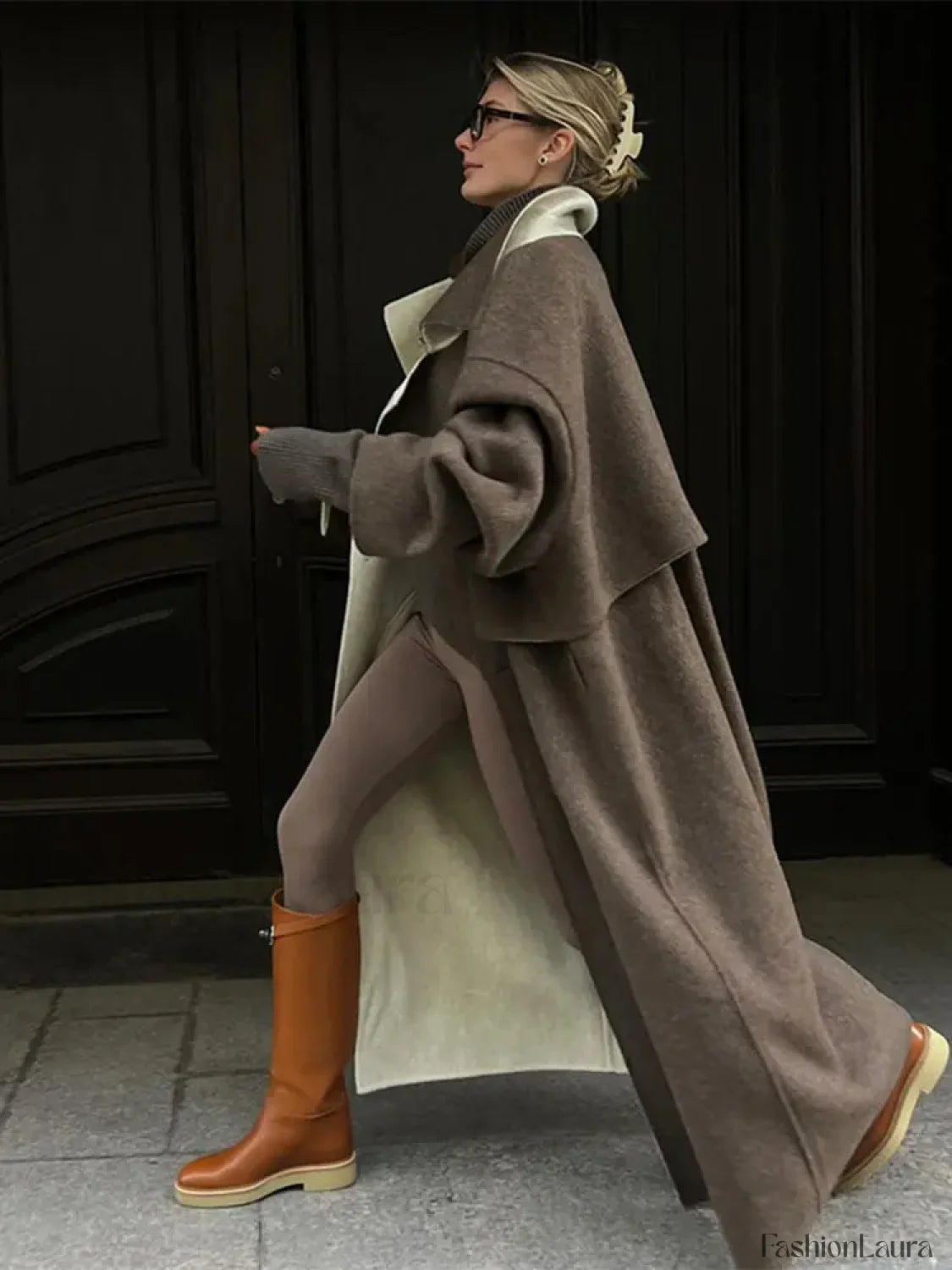 Elegant Patchwork Lapel Long Sleeve Woolen Overcoats Brown / S