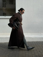 Elegant Patchwork Lapel Long Sleeve Woolen Overcoats Dark Brown / S