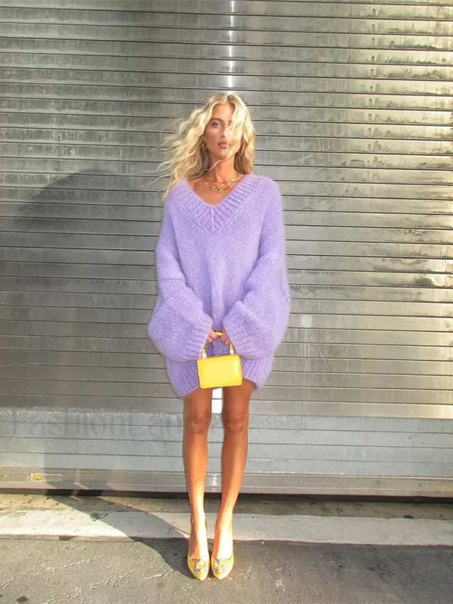 Elegant Purple Deep V Neck Knitted Pullover Casual Long Sleeves Loose Sweater Purple / S Sweaters L Main image