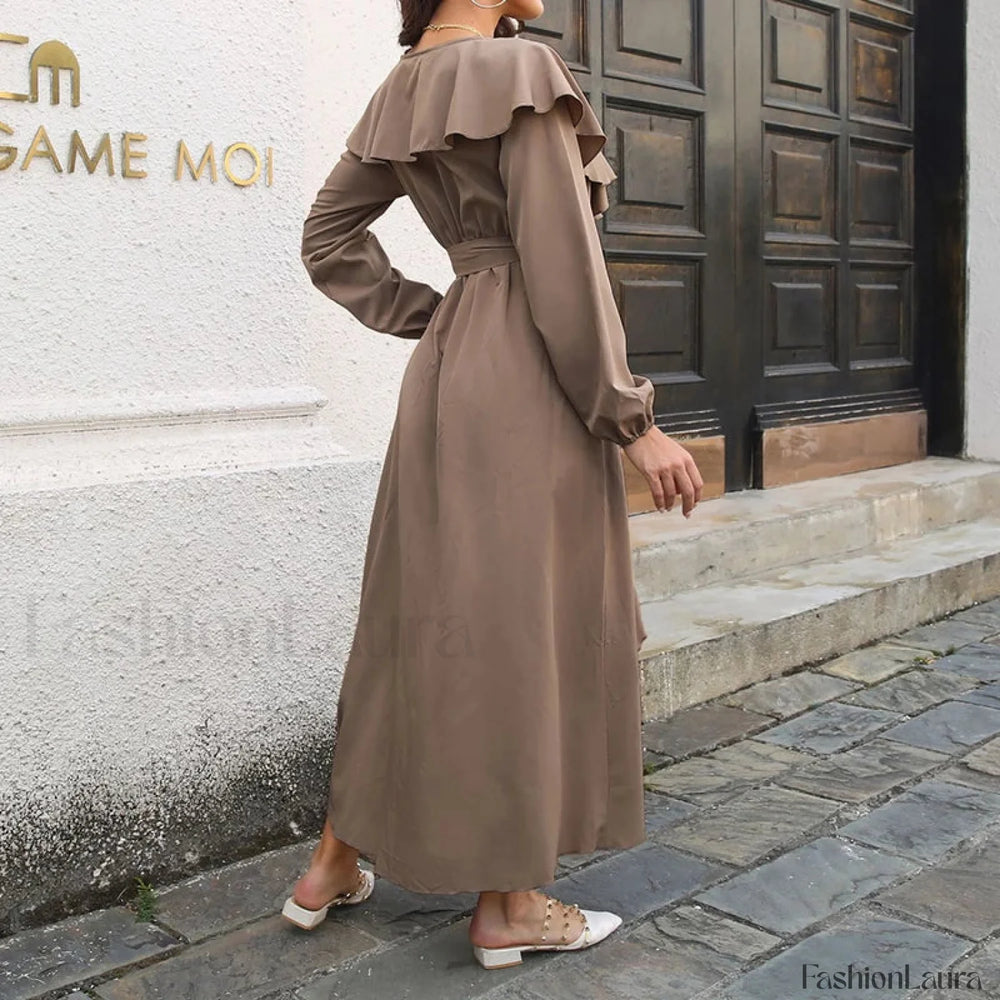 Elegant Ruffle Hem Split Fall V neck Lantern Sleeve Solid Slim Midi Dress