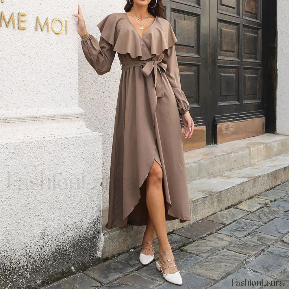 Elegant Ruffle Hem Split Fall V neck Lantern Sleeve Solid Slim Midi Dress Khaki / S