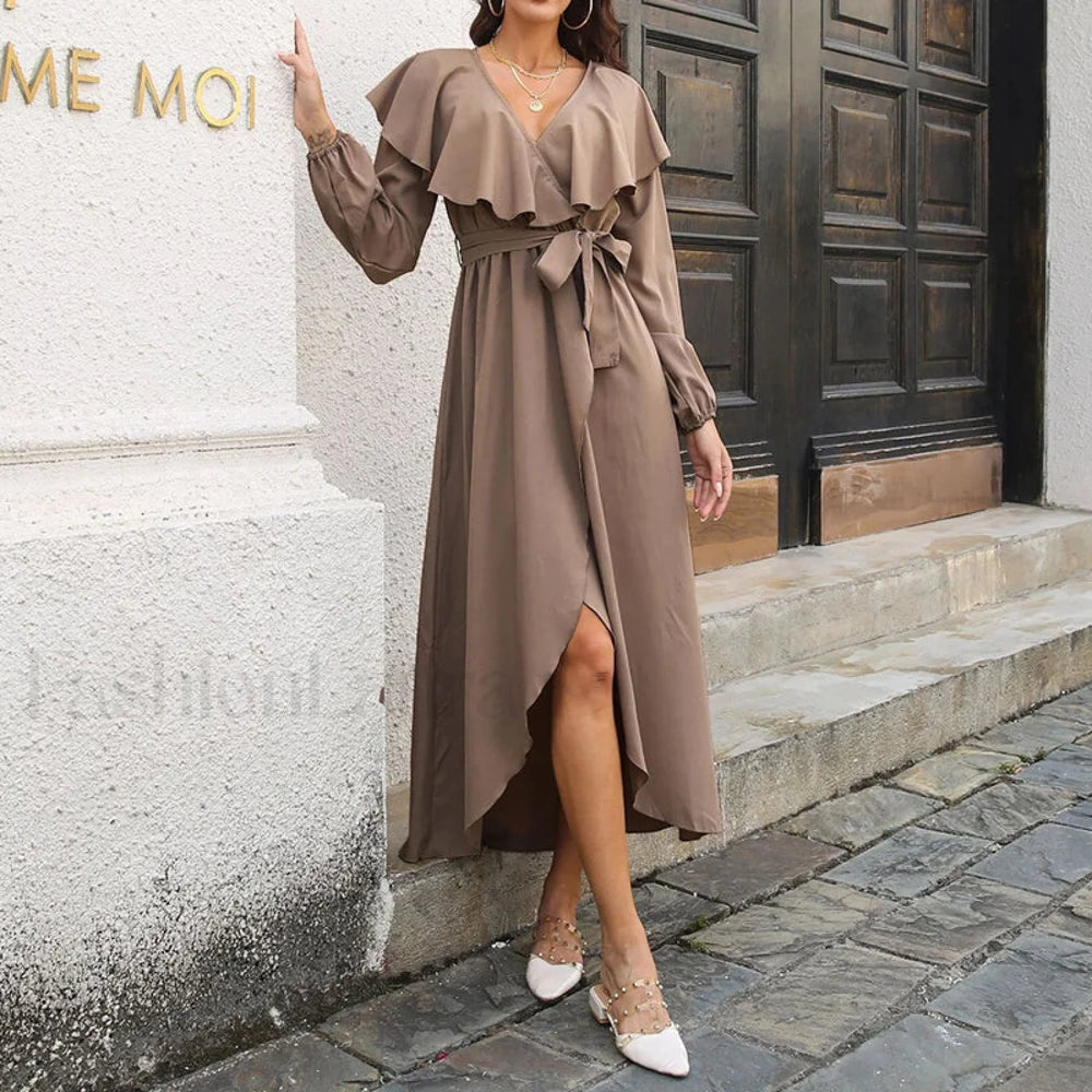 Elegant Ruffle Hem Split Fall V neck Lantern Sleeve Solid Slim Midi Dress Khaki / S