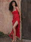 Elegant Ruffled Maxi Dress High Split V Neck Party Floral Dress red / S