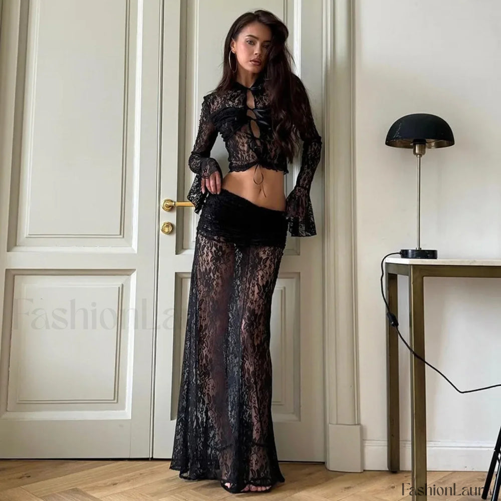 Elegant Sheer Lace Skirts Two Piece Sets Women Sexy Lace up Long Sleeve Tops and High Waist Slim Skirts Suits Party