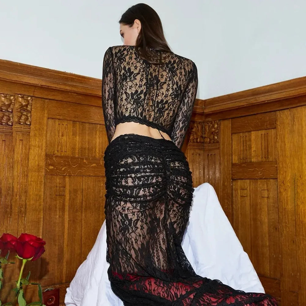 Elegant Sheer Lace Skirts Two Piece Sets Women Sexy Lace up Long Sleeve Tops and High Waist Slim Skirts Suits Party