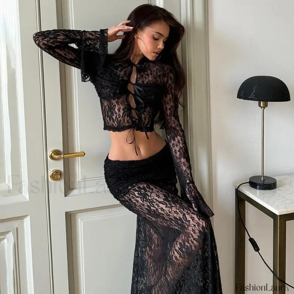 Elegant Sheer Lace Skirts Two Piece Sets Women Sexy Lace up Long Sleeve Tops and High Waist Slim Skirts Suits Party