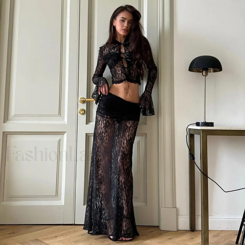 Elegant Sheer Lace Skirts Two Piece Sets Women Sexy Lace up Long Sleeve Tops and High Waist Slim Skirts Suits Party