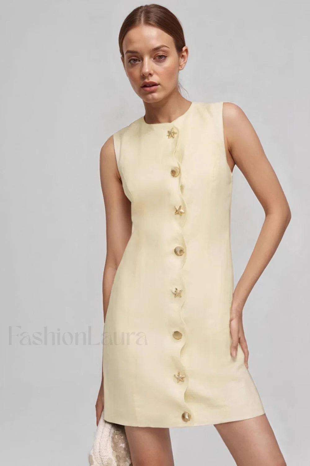 Elegant Sleeveless Buttoned Bodycon Work Dress Light Yellow / S Main image